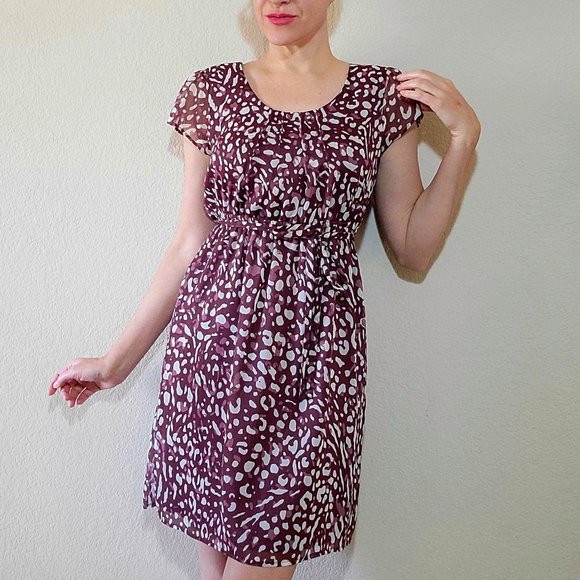 Merona Red Dress Small Pullover Cap Sleeve Animal Print Pattern Brown Spotted - Picture 1 of 7
